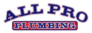 Logo of "All Pro Plumbing" with "All Pro" in arching bold blue letters and "Plumbing" in a rectangular banner below, also in bold blue, all outlined in red.