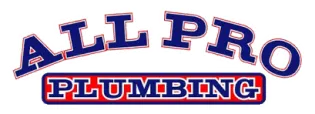 Logo of "All Pro Plumbing" with "All Pro" in arching bold blue letters and "Plumbing" in a rectangular banner below, also in bold blue, all outlined in red.