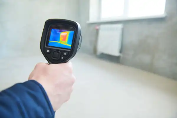 Person using a handheld thermal imaging camera in a room with a window and radiator, displaying temperature variations on the screen.