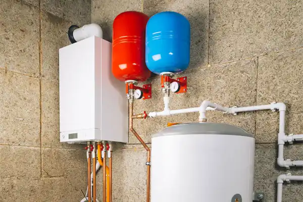 Heating system with a white boiler, red and blue expansion tanks, and pipes on a textured wall background.