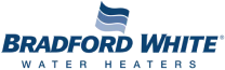 Bradford White Water Heaters logo with blue and gray text and abstract wave design above.