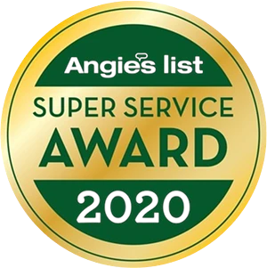 A circular gold and green badge reads "Angie's List Super Service Award 2020.